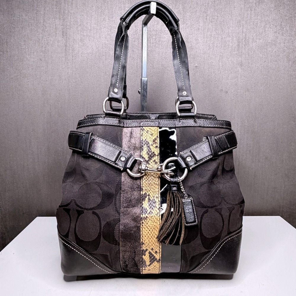 Vintage Coach Hampton Black Signature C Python Stripe Tassel Carryall Soho Tote